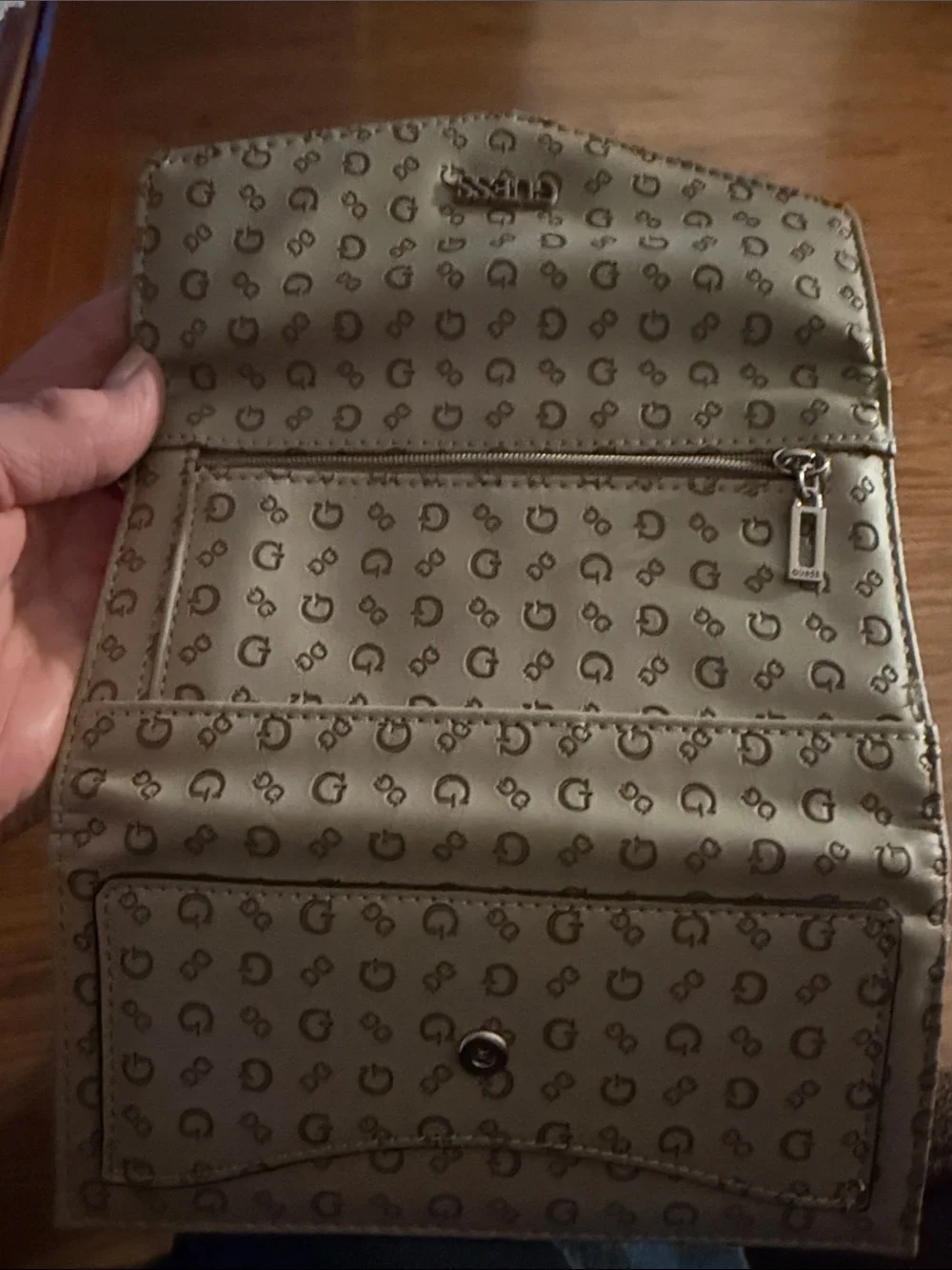 Guess Logo Print Beige Trifold Wallet with Gold Accent